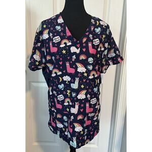 Womens Green Town Llama Love Scrub Size XL